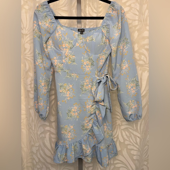 Lily Rose Dresses & Skirts - Lily Rose Light Blue Floral Padded Bra Long Sleeve Ruffle Dress
